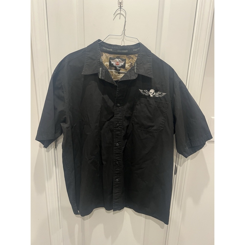 Harley‎ Davidson Mechanic Shirt Mens 2XL Black Skull Tribal Button Up Y2K